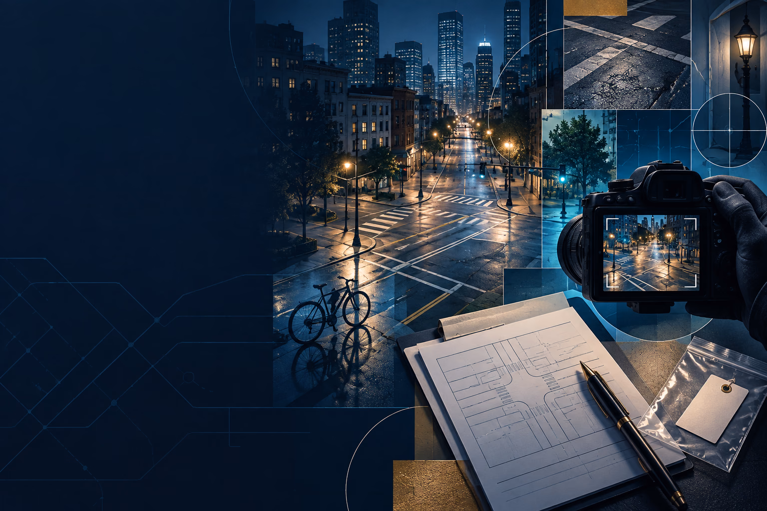 Illustrative city intersection, camera, bicycle, and evidence documents